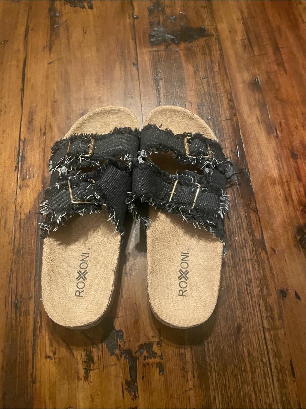Women’s Black Frayed Double-Buckle Slide Sandals